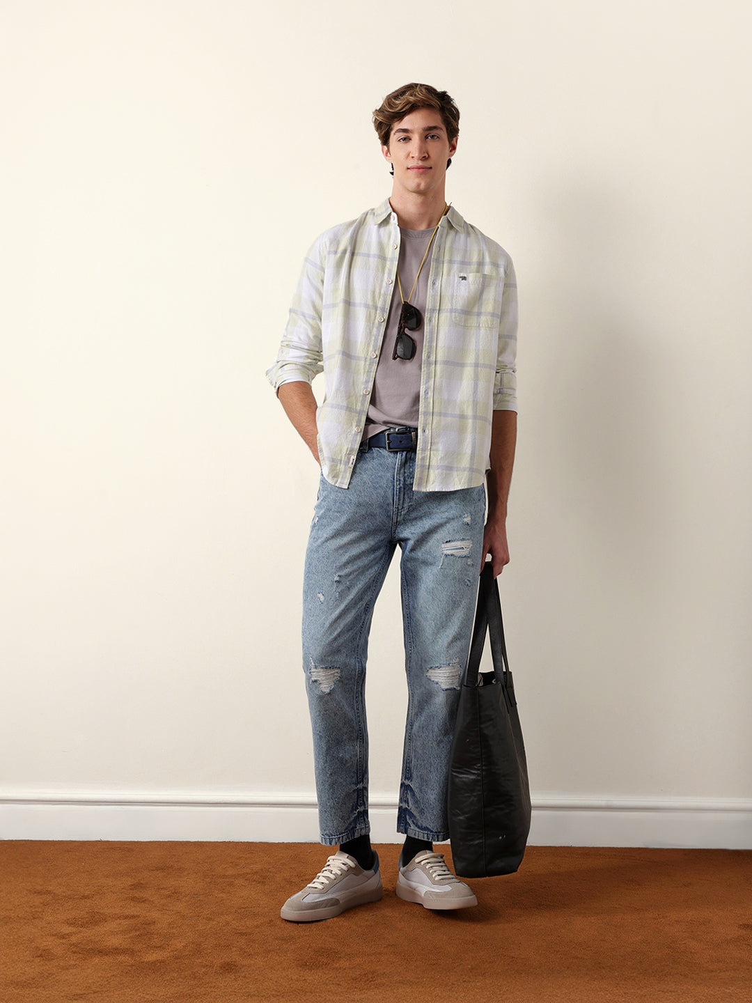 Light Green & Grey Checked Flannel Regular Fit Casual Shirt