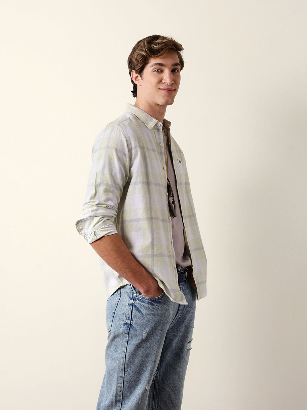 Light Green & Grey Checked Flannel Regular Fit Casual Shirt