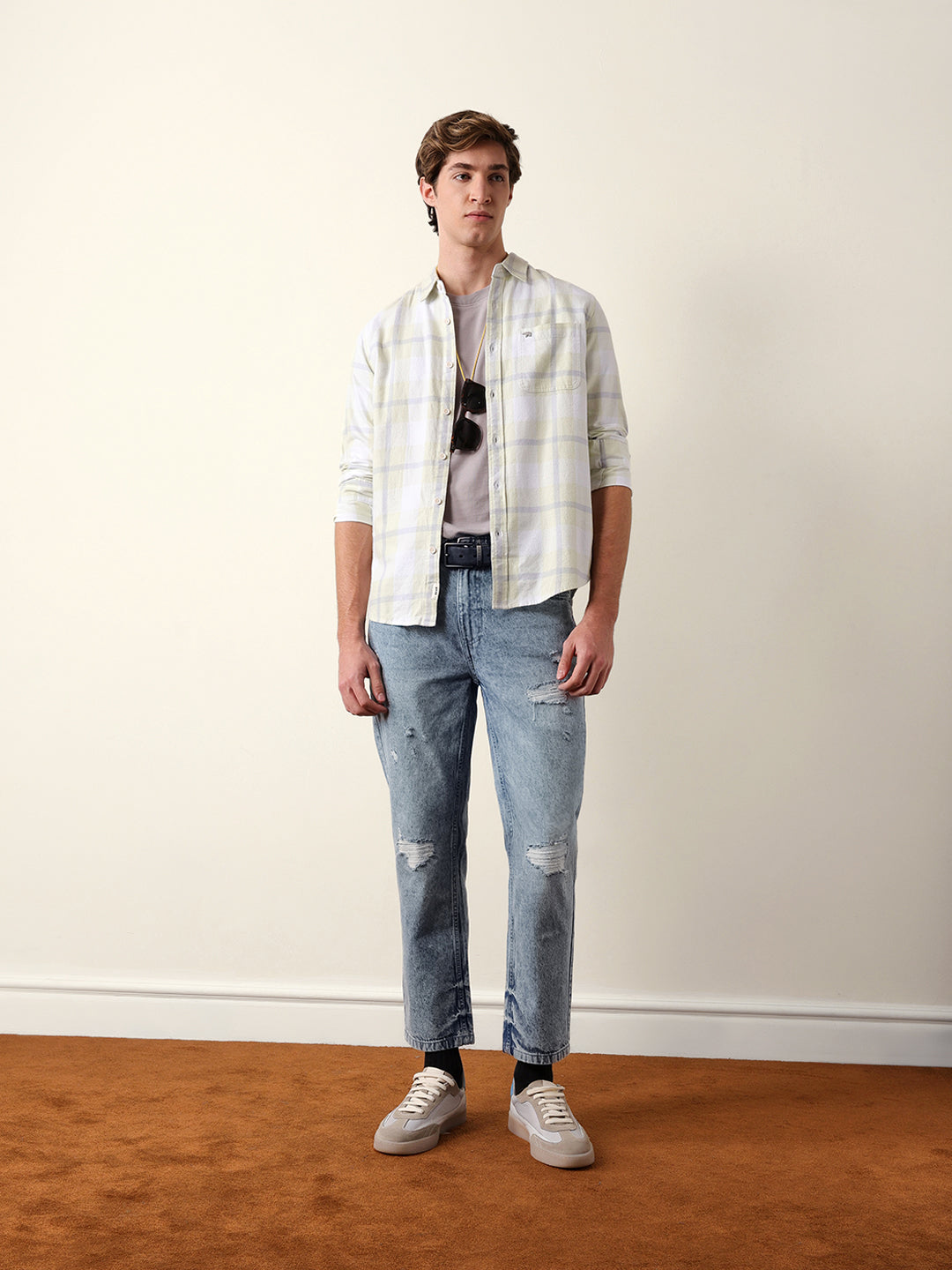 Light Green & Grey Checked Flannel Regular Fit Casual Shirt