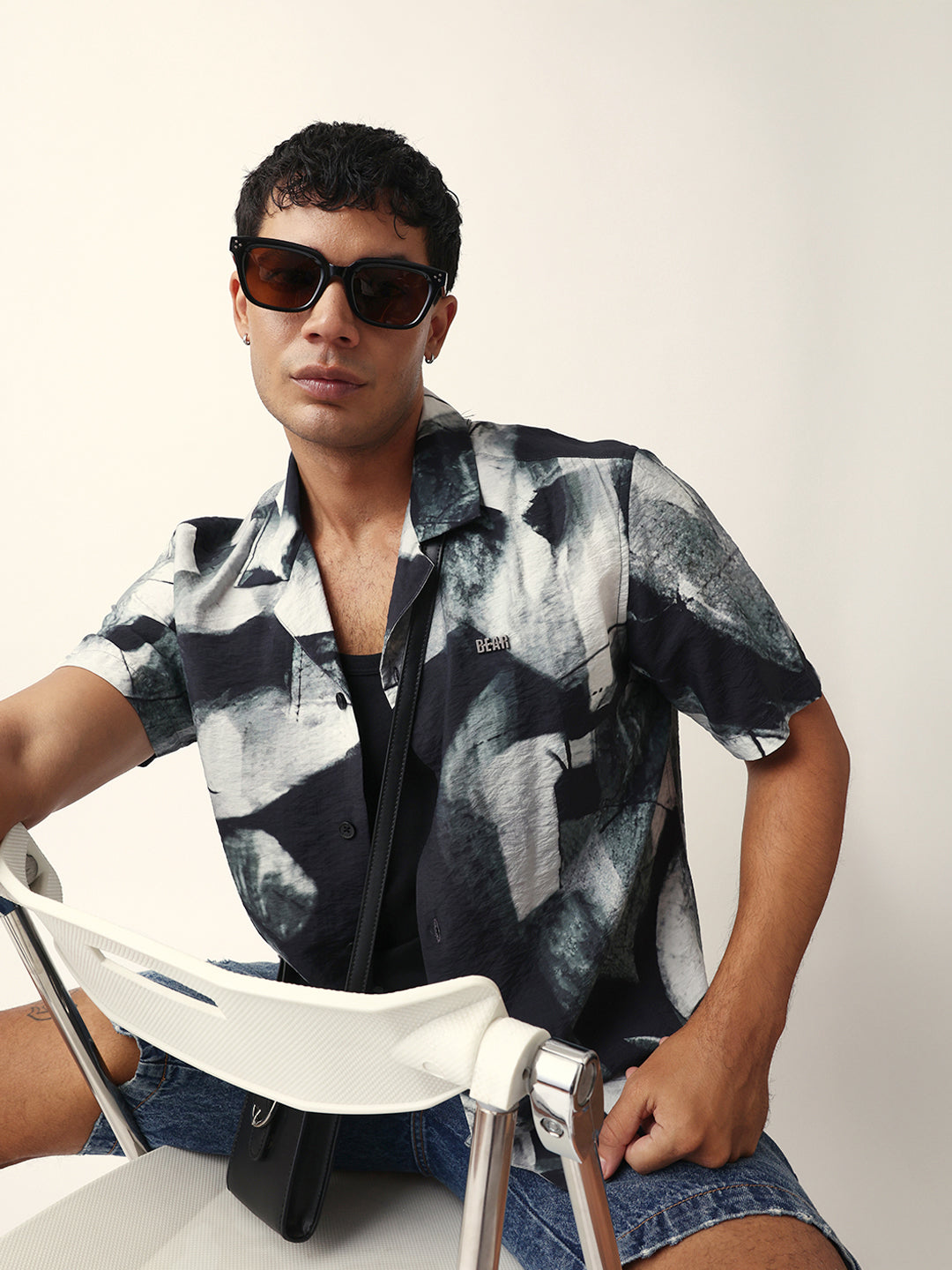 Black & Grey Relaxed Fit Abstract Brushstroke Print Half Sleeve Casual Shirt