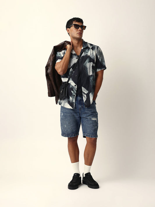 Black & Grey Relaxed Fit Abstract Brushstroke Print Half Sleeve Casual Shirt