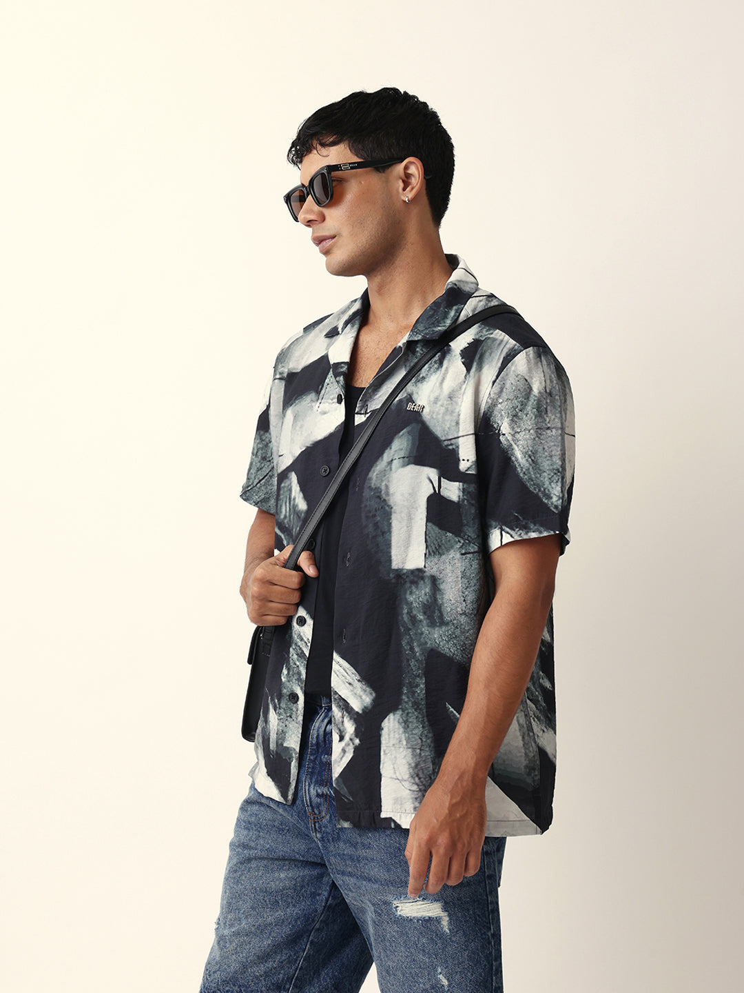 Black & Grey Relaxed Fit Abstract Brushstroke Print Half Sleeve Casual Shirt