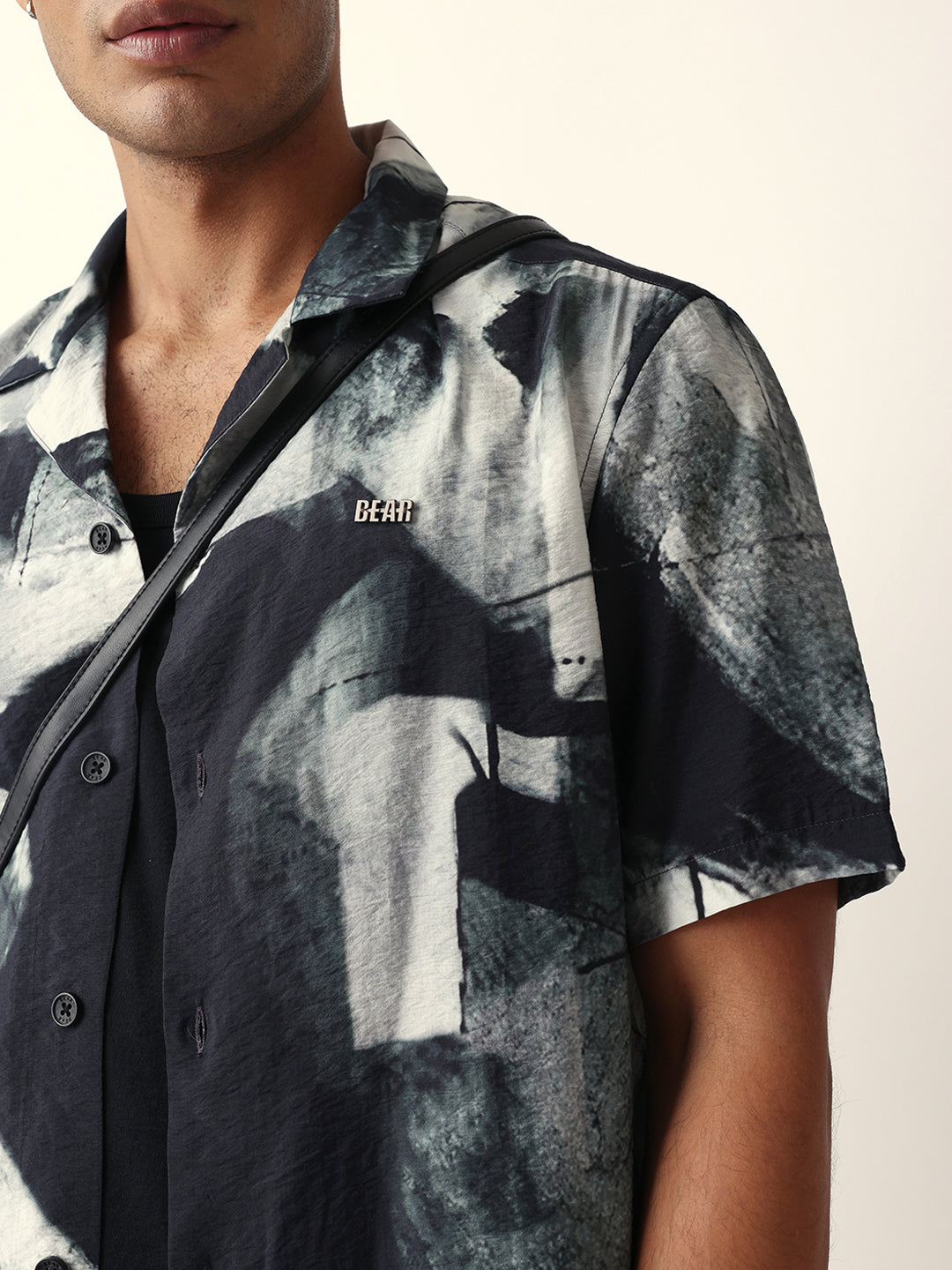 Black & Grey Relaxed Fit Abstract Brushstroke Print Half Sleeve Casual Shirt