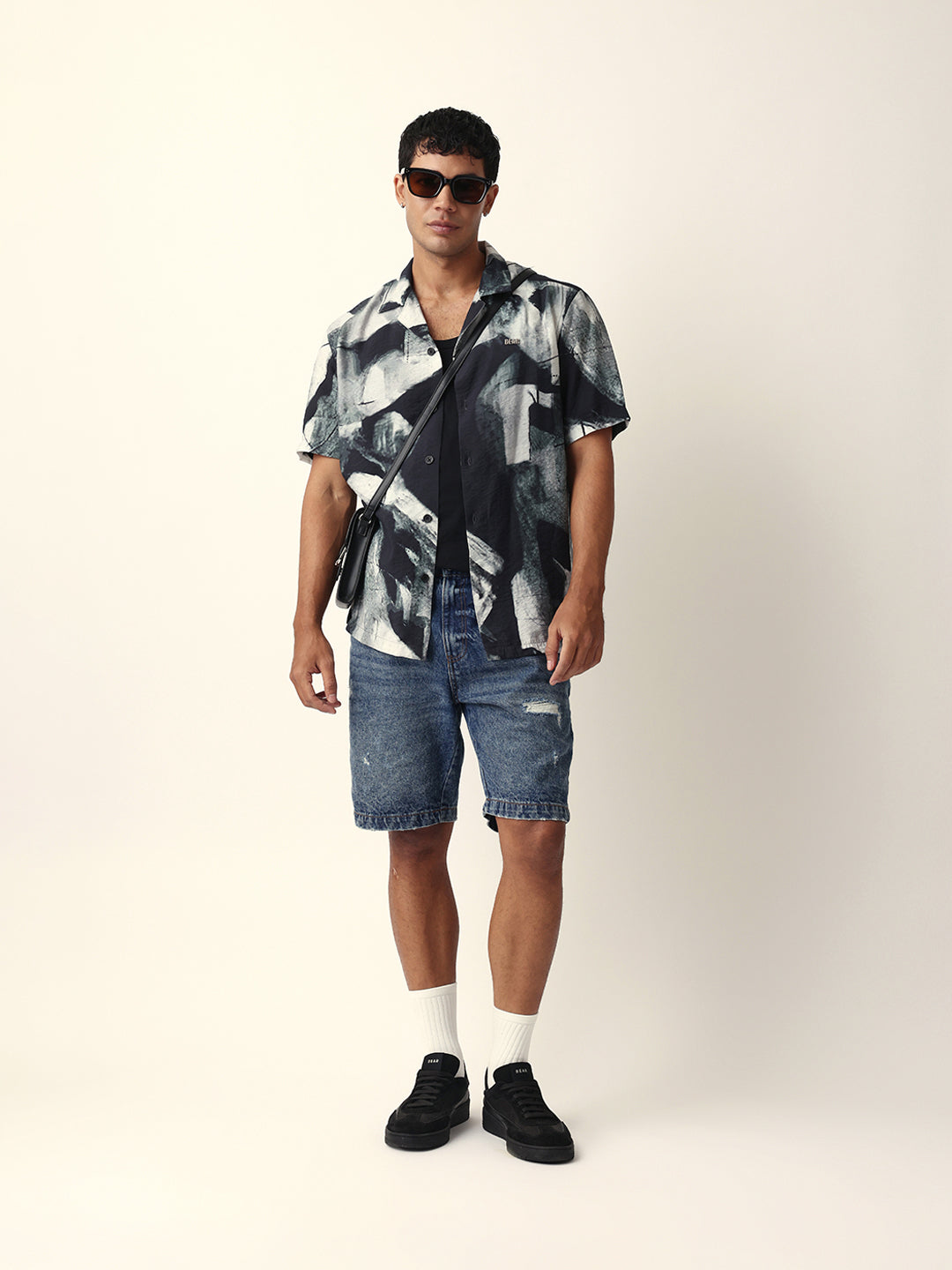Black & Grey Relaxed Fit Abstract Brushstroke Print Half Sleeve Casual Shirt