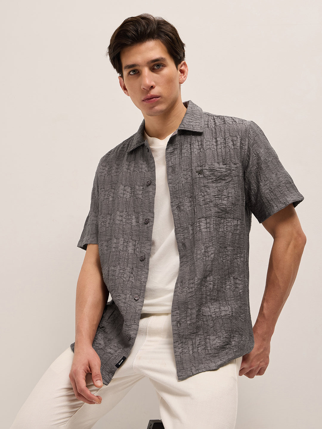 Grey Crinkle Textured Regular Fit Half-Sleeve Casual Shirt