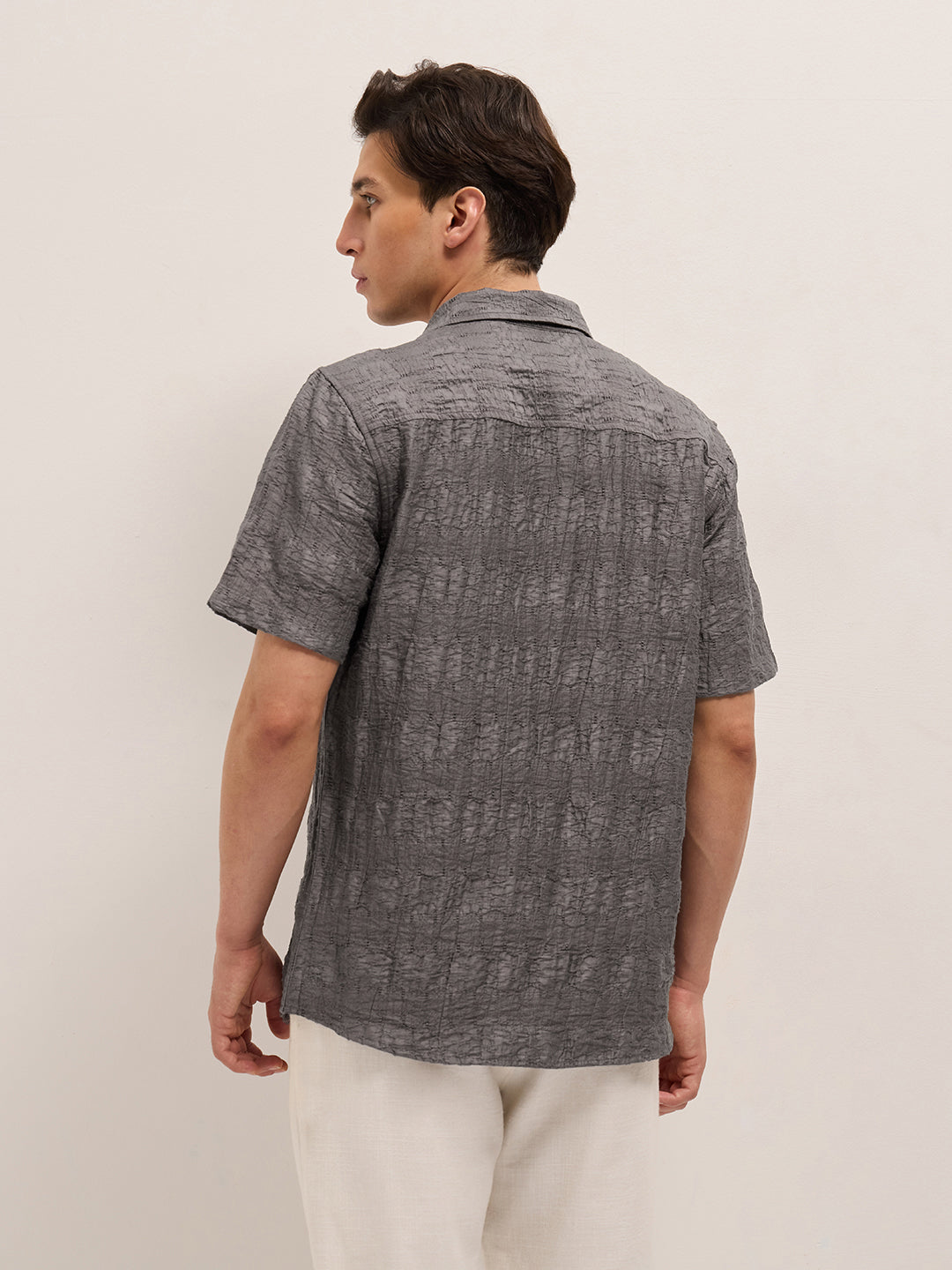 Grey Crinkle Textured Regular Fit Half-Sleeve Casual Shirt