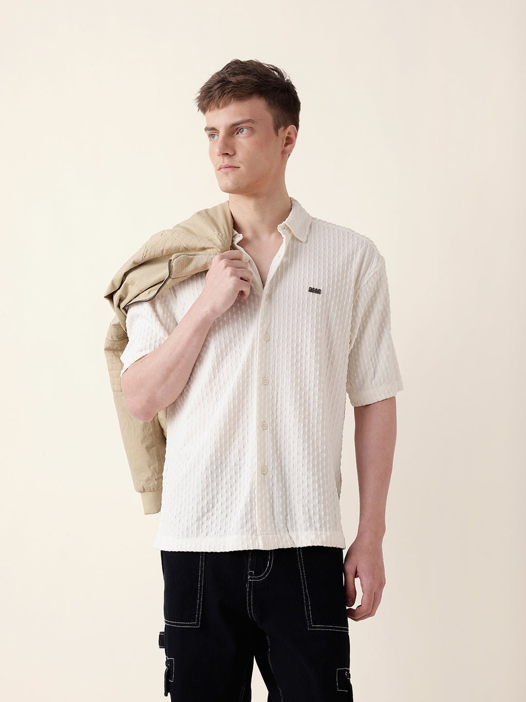 White Textured Woven Oversized Fit Half Sleeve Casual Shirt