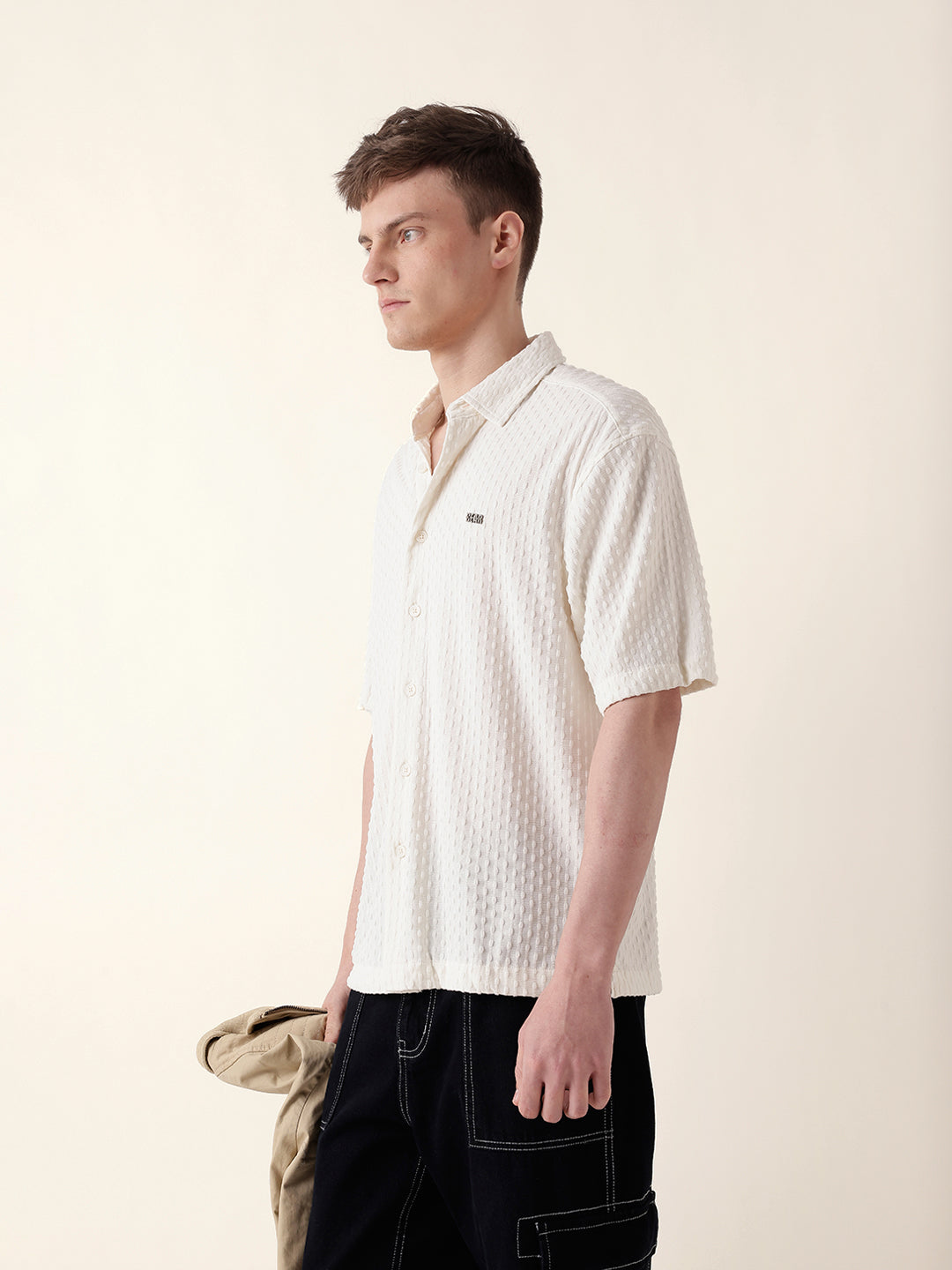 White Textured Woven Oversized Fit Half Sleeve Casual Shirt