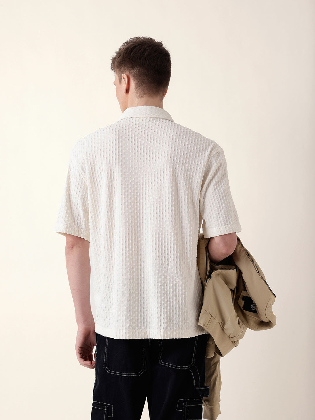 White Textured Woven Oversized Fit Half Sleeve Casual Shirt
