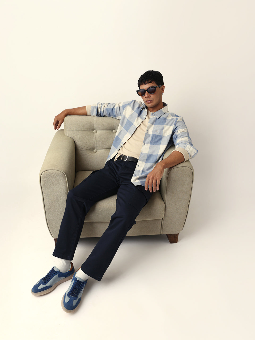 Blue with Cream Woven Checks Slim Fit Casual Shirt