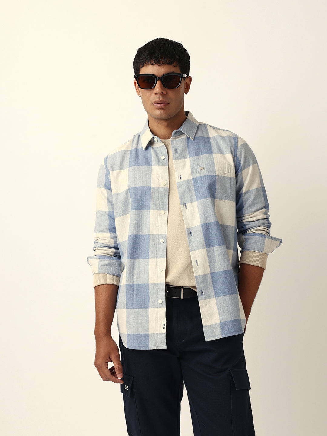 Blue with Cream Woven Checks Slim Fit Casual Shirt