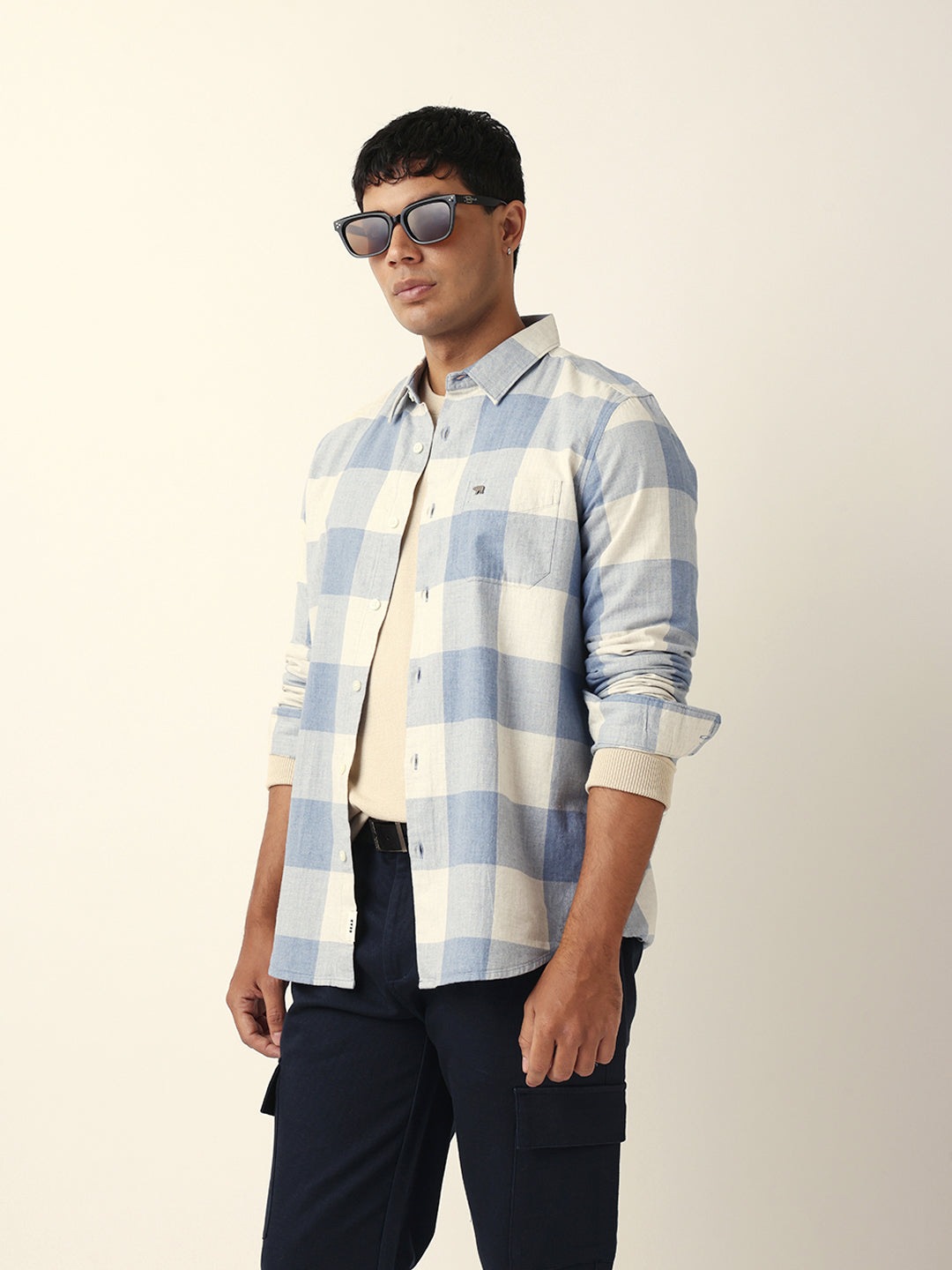 Blue with Cream Woven Checks Slim Fit Casual Shirt