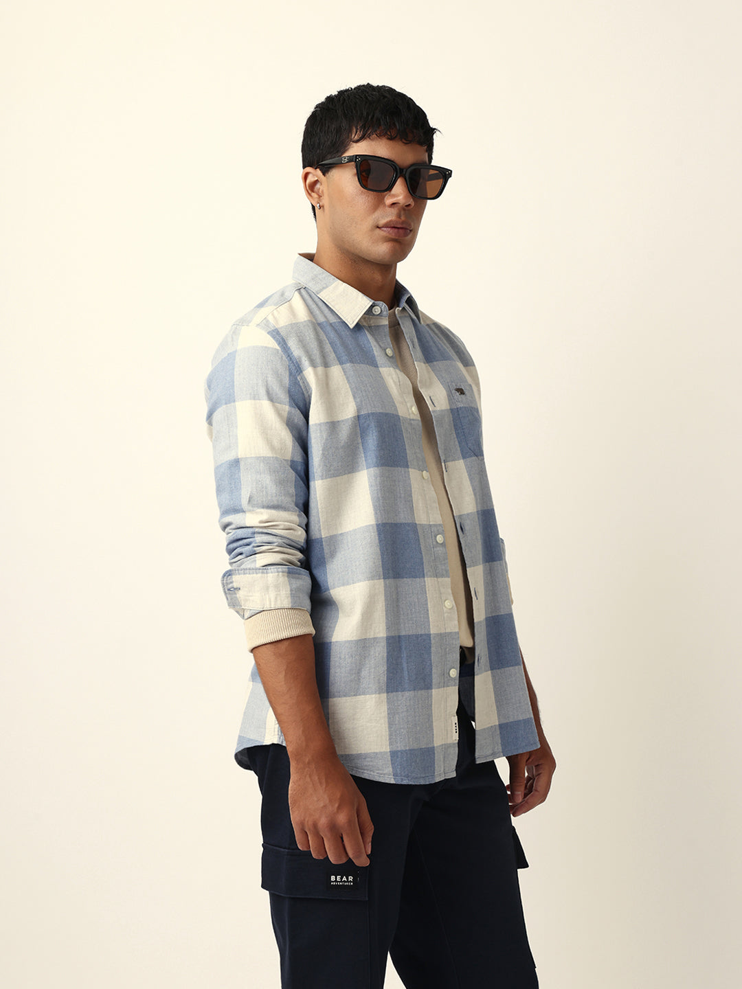 Blue with Cream Woven Checks Slim Fit Casual Shirt