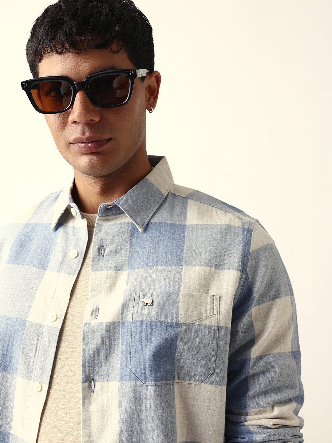 Blue with Cream Woven Checks Slim Fit Casual Shirt