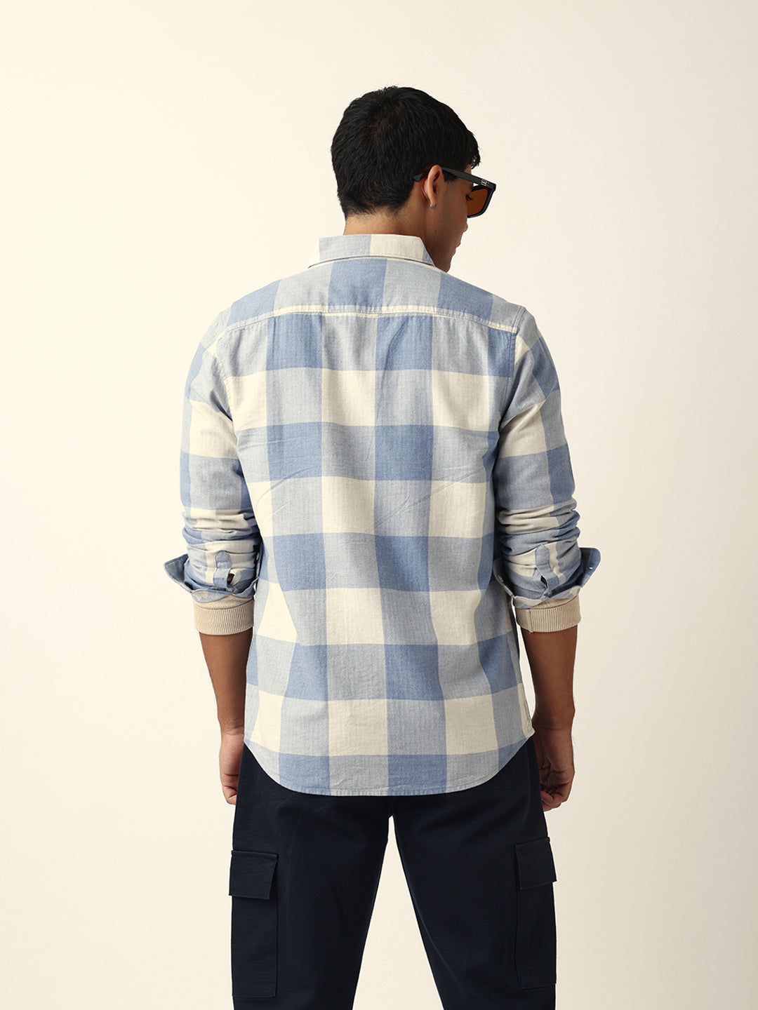 Blue with Cream Woven Checks Slim Fit Casual Shirt