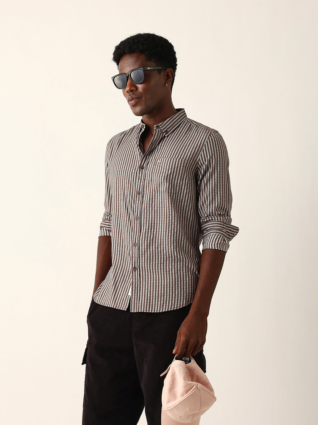 Brown & White Vertical Woven Striped Slim Fit Casual Shirt