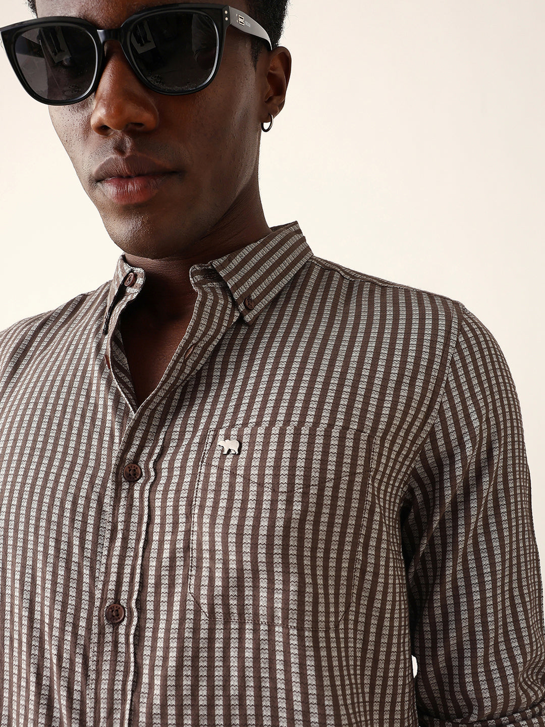 Brown & White Vertical Woven Striped Slim Fit Casual Shirt