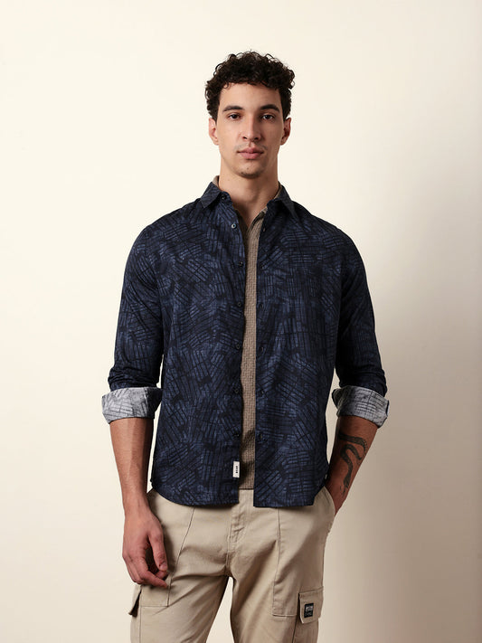 Blue Abstract Geometric Printed Slim Fit Casual Shirt