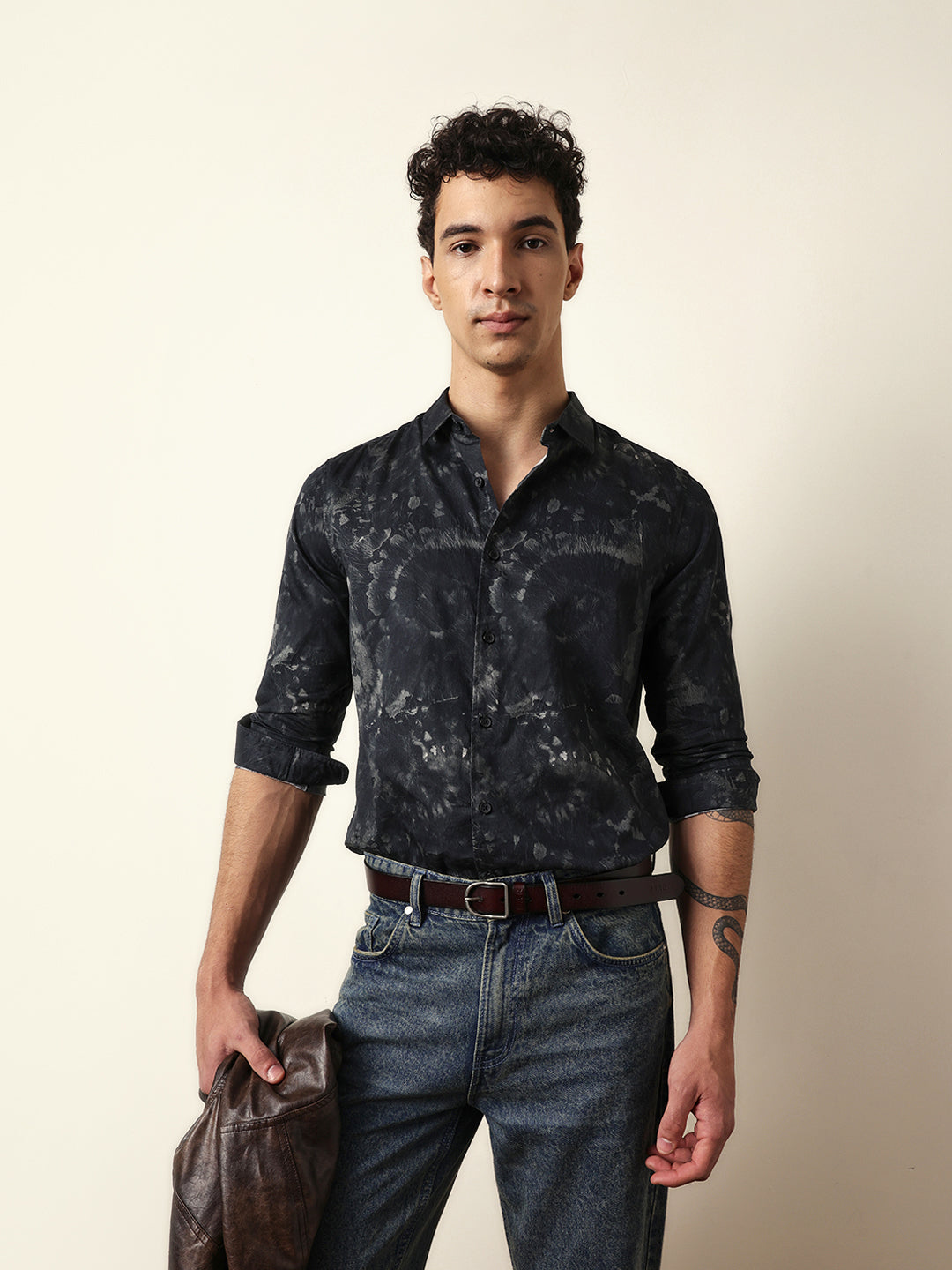Black Slim Fit Casual Shirt with Abstract Tie-Dye Print