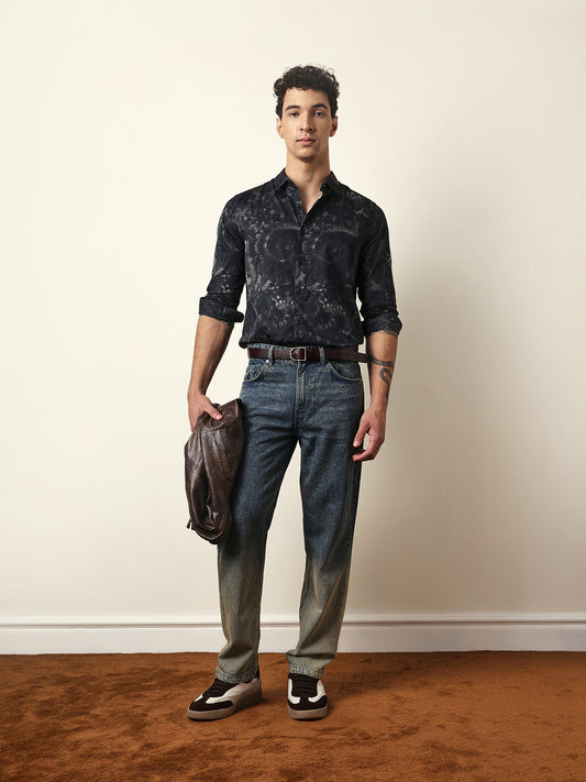 Black Slim Fit Casual Shirt with Abstract Tie-Dye Print