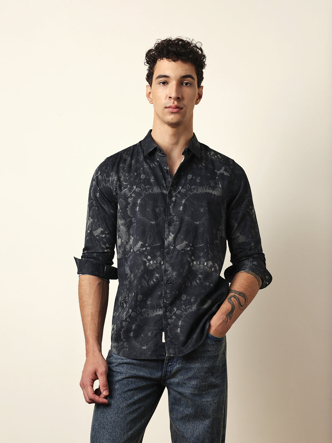 Black Slim Fit Casual Shirt with Abstract Tie-Dye Print