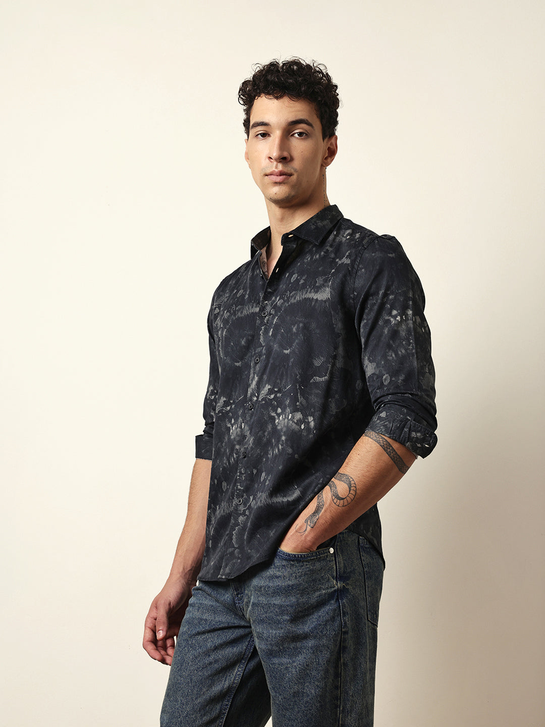 Black Slim Fit Casual Shirt with Abstract Tie-Dye Print
