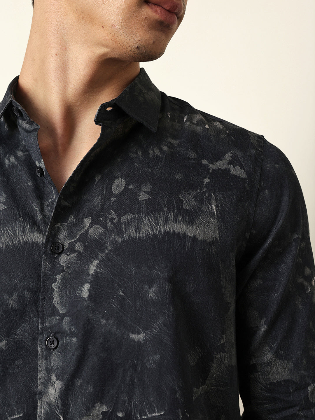Black Slim Fit Casual Shirt with Abstract Tie-Dye Print