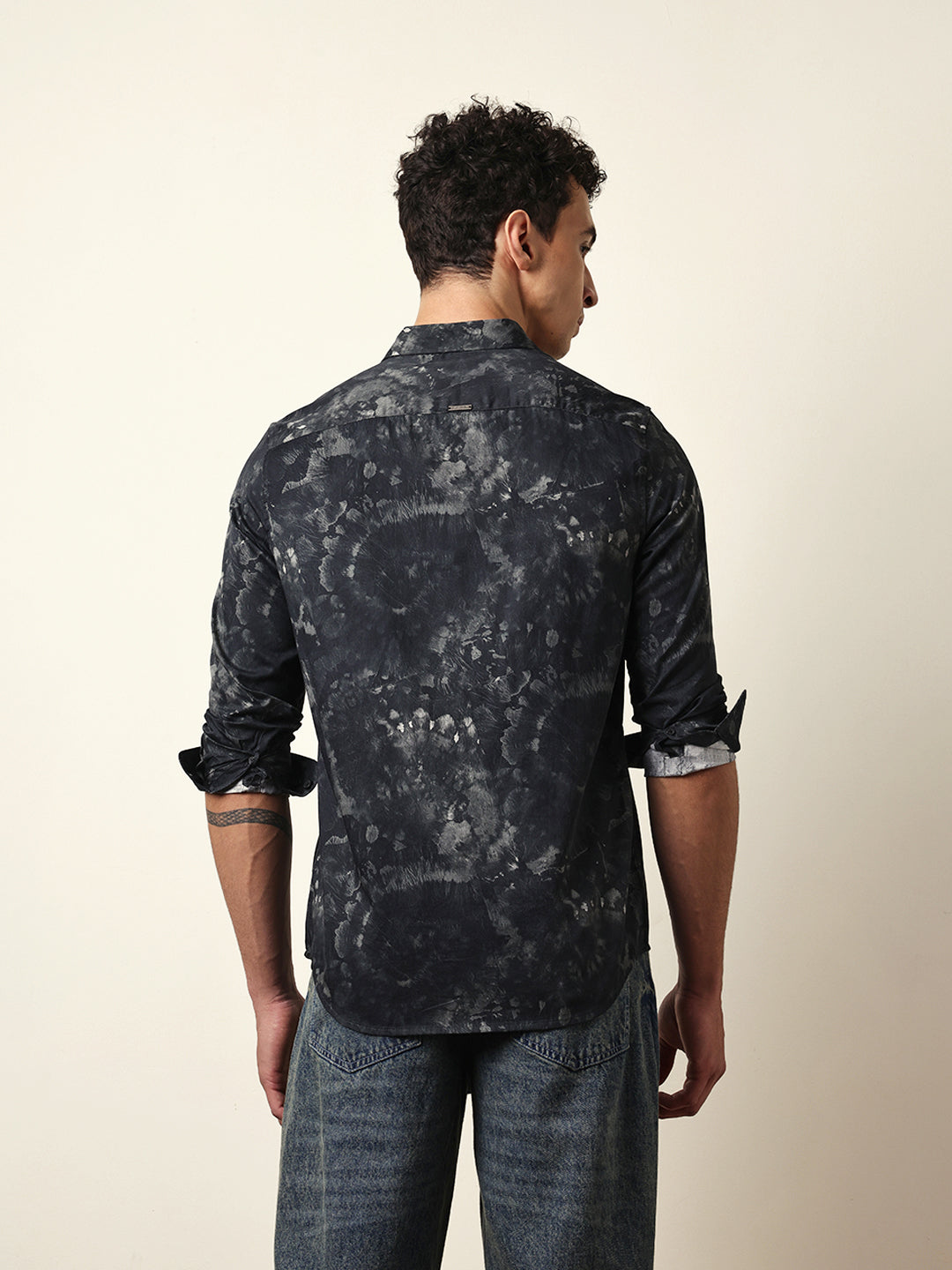 Black Slim Fit Casual Shirt with Abstract Tie-Dye Print