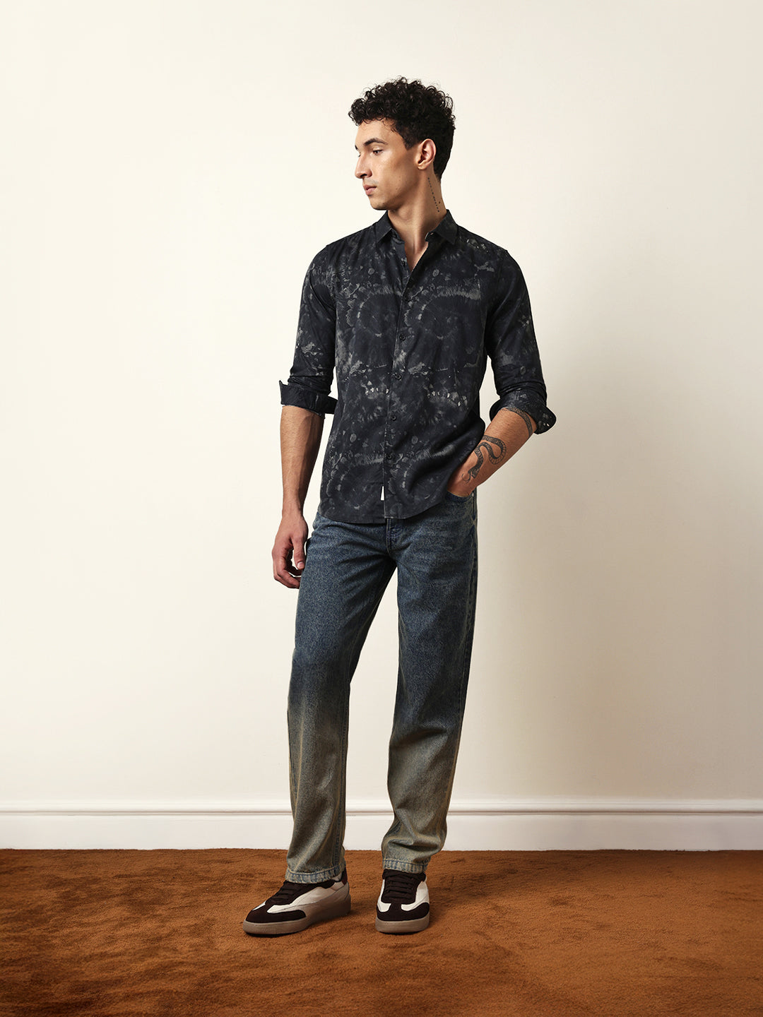 Black Slim Fit Casual Shirt with Abstract Tie-Dye Print
