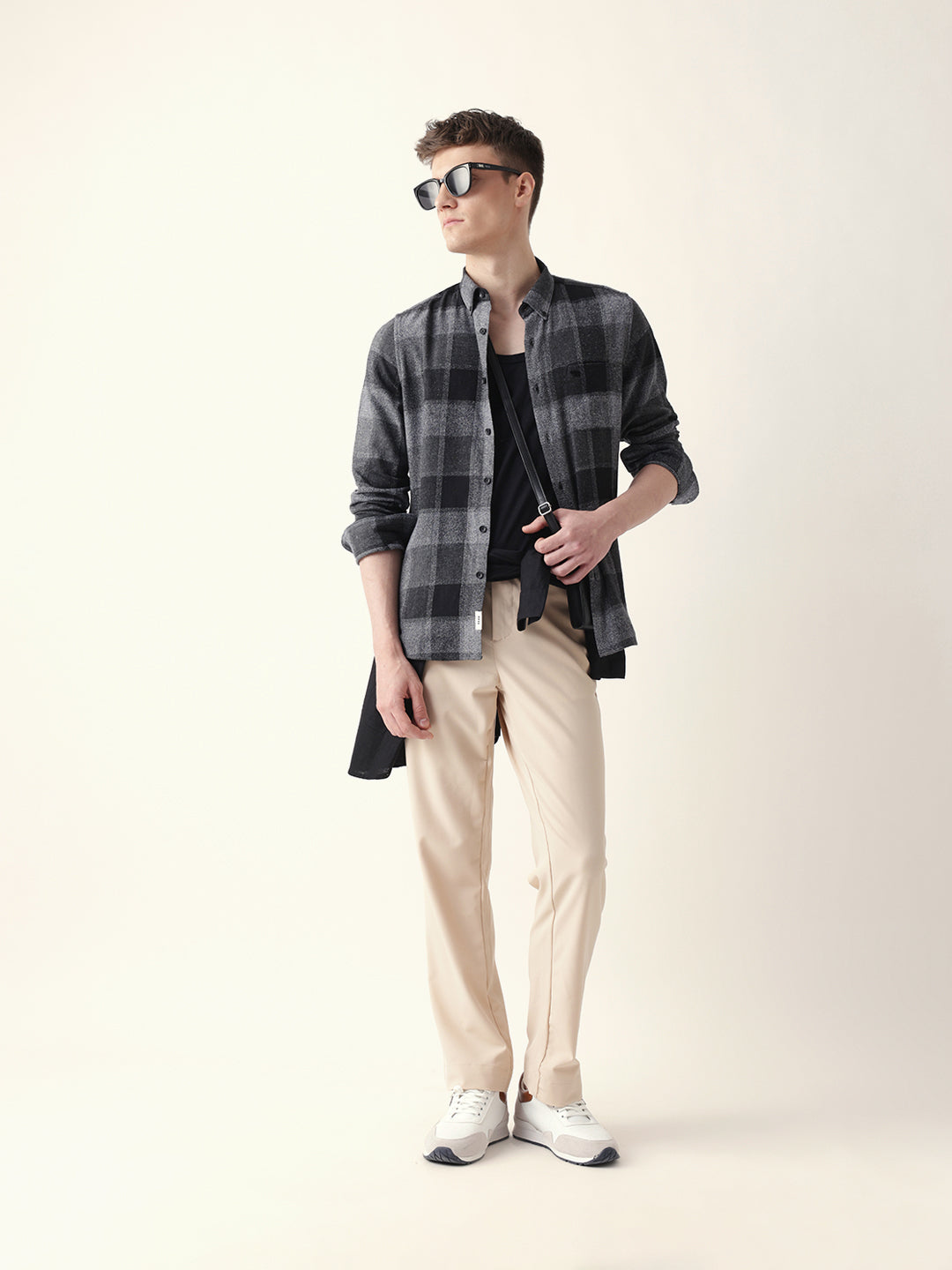 Black with Grey Woven Block Checks Slim Fit Casual Shirt
