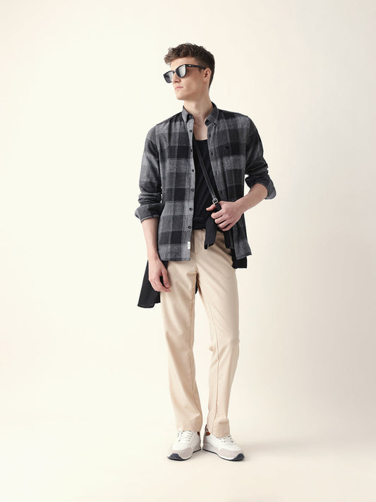 Black with Grey Woven Block Checks Slim Fit Casual Shirt