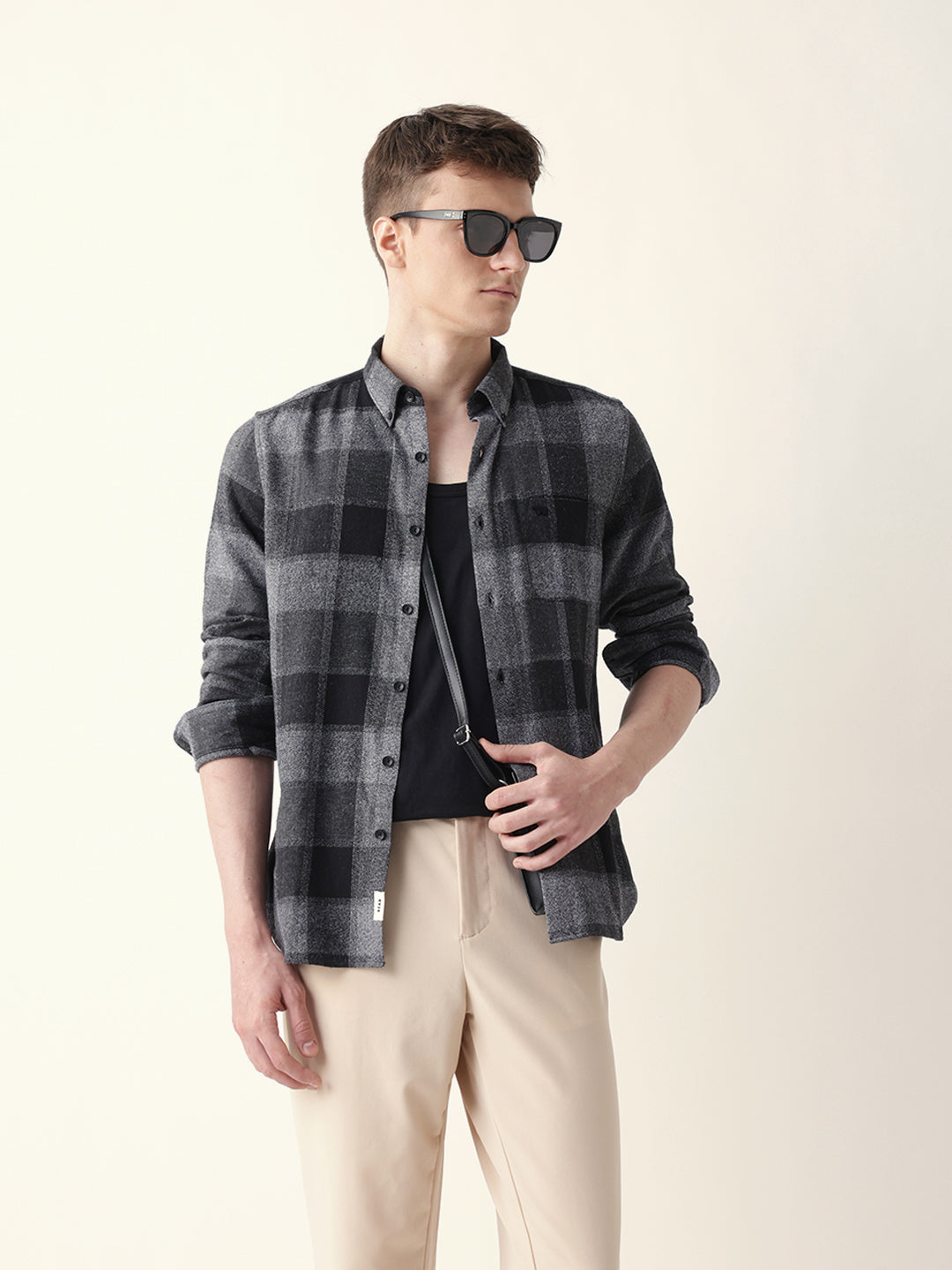 Black with Grey Woven Block Checks Slim Fit Casual Shirt