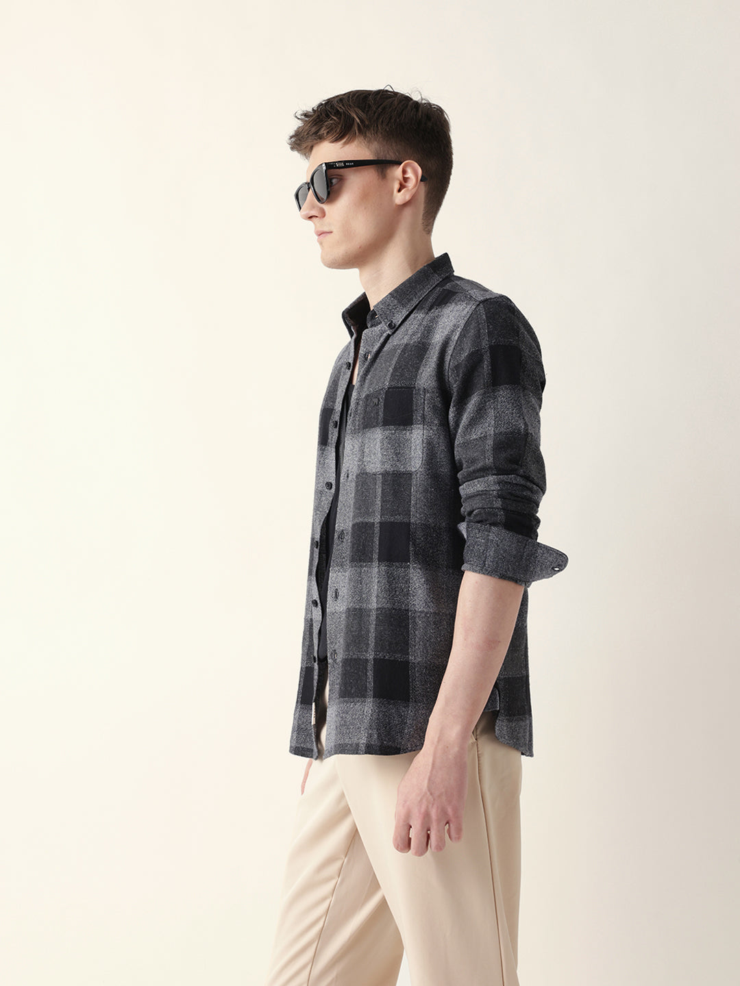 Black with Grey Woven Block Checks Slim Fit Casual Shirt