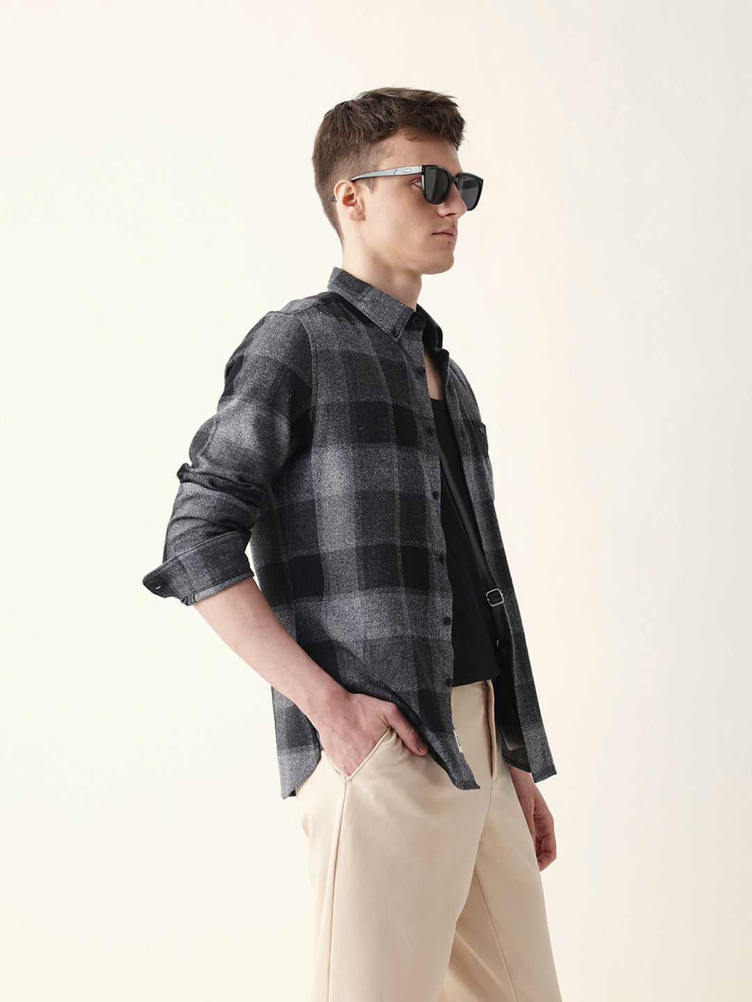 Black with Grey Woven Block Checks Slim Fit Casual Shirt