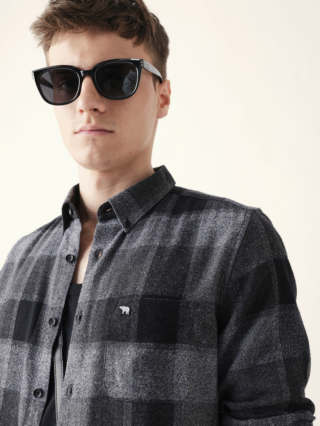 Black with Grey Woven Block Checks Slim Fit Casual Shirt