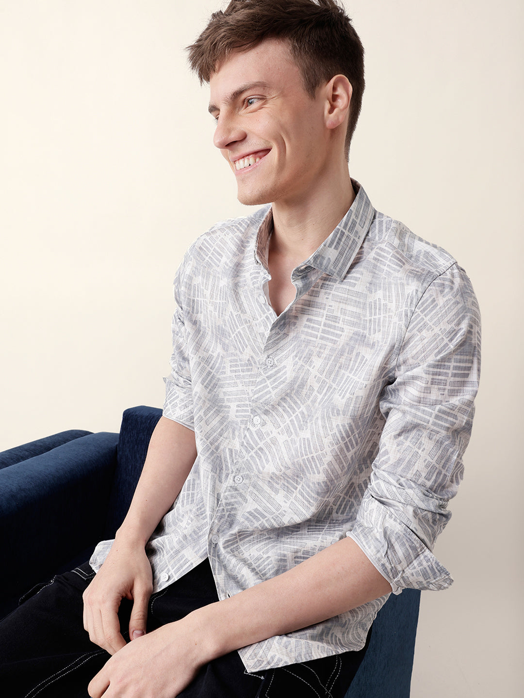 Grey Abstract Geometric Printed Slim Fit Casual Shirt
