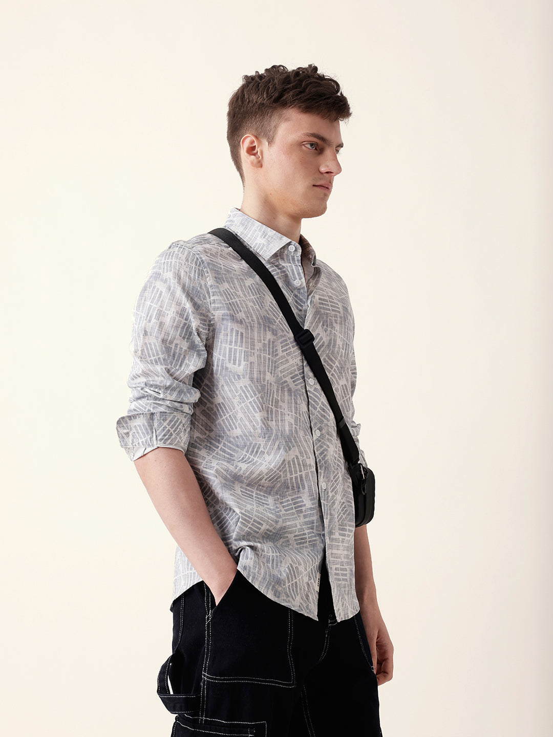 Grey Abstract Geometric Printed Slim Fit Casual Shirt