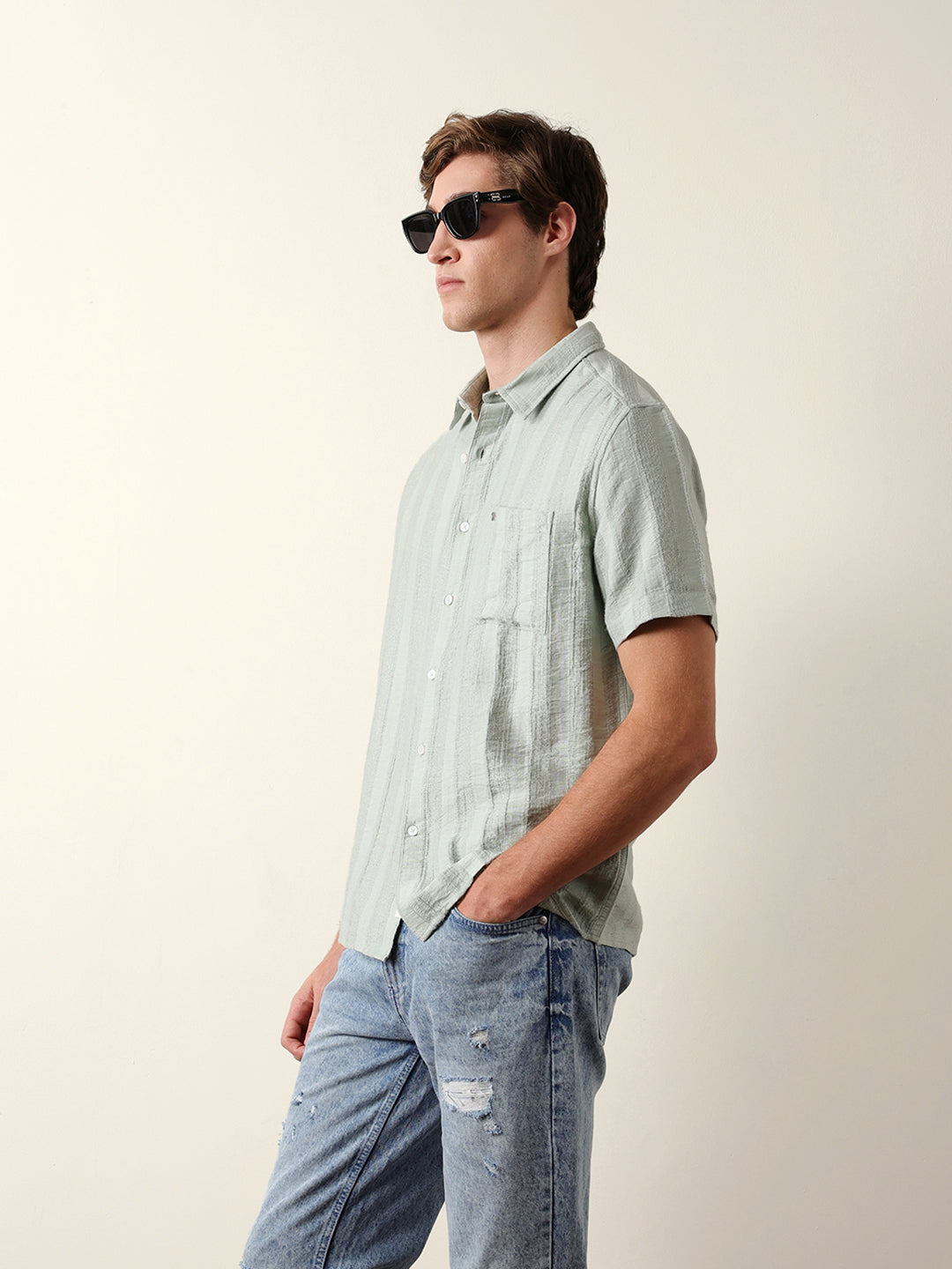 Green Vertical Stripe Dobby Woven Regular Fit Casual Shirt