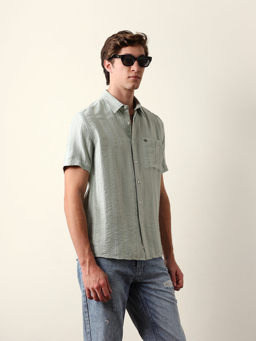 Green Vertical Stripe Dobby Woven Regular Fit Casual Shirt