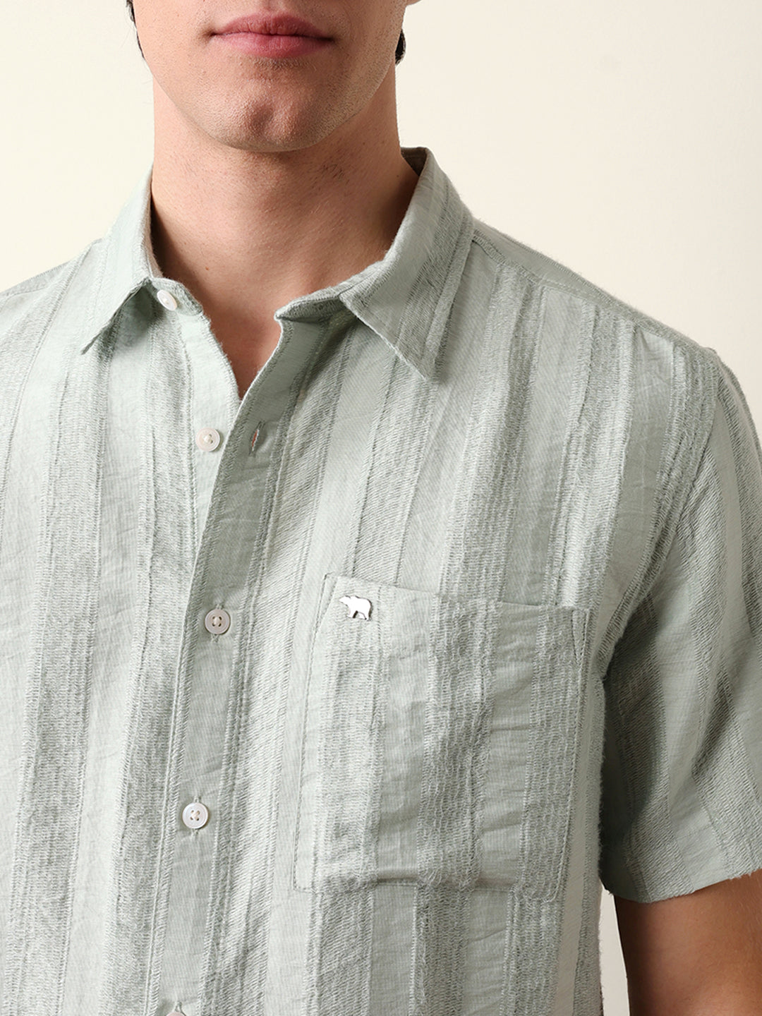 Green Vertical Stripe Dobby Woven Regular Fit Casual Shirt