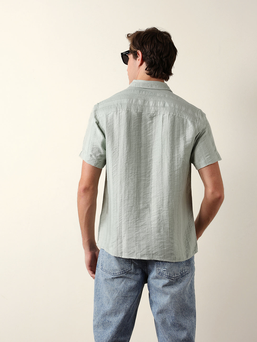 Green Vertical Stripe Dobby Woven Regular Fit Casual Shirt