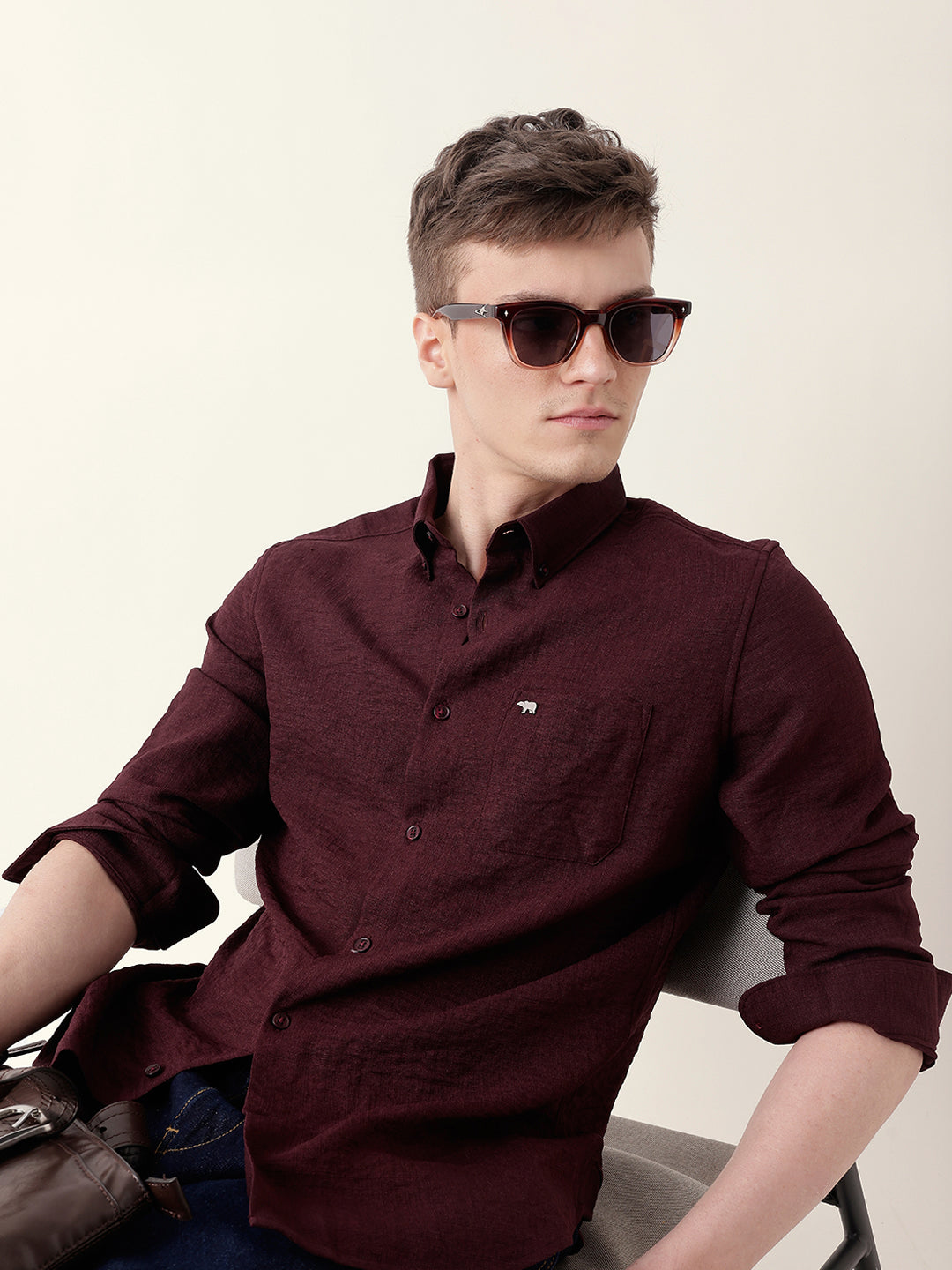 Maroon Slim Fit Casual Shirt with Woven Textured Design