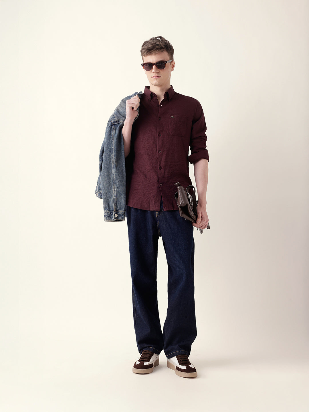 Maroon Slim Fit Casual Shirt with Woven Textured Design