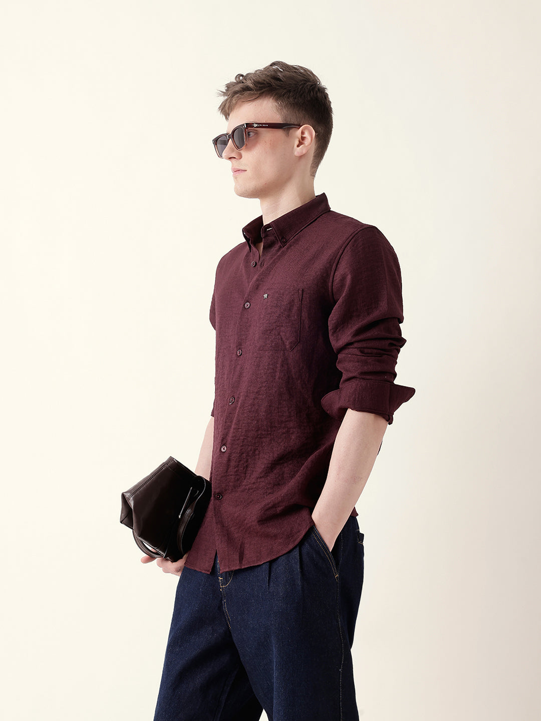 Maroon Slim Fit Casual Shirt with Woven Textured Design