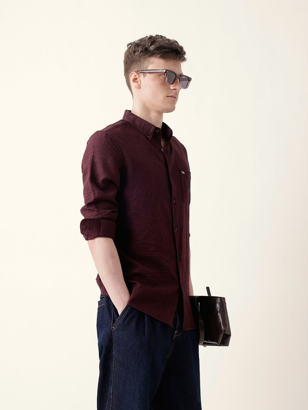 Maroon Slim Fit Casual Shirt with Woven Textured Design