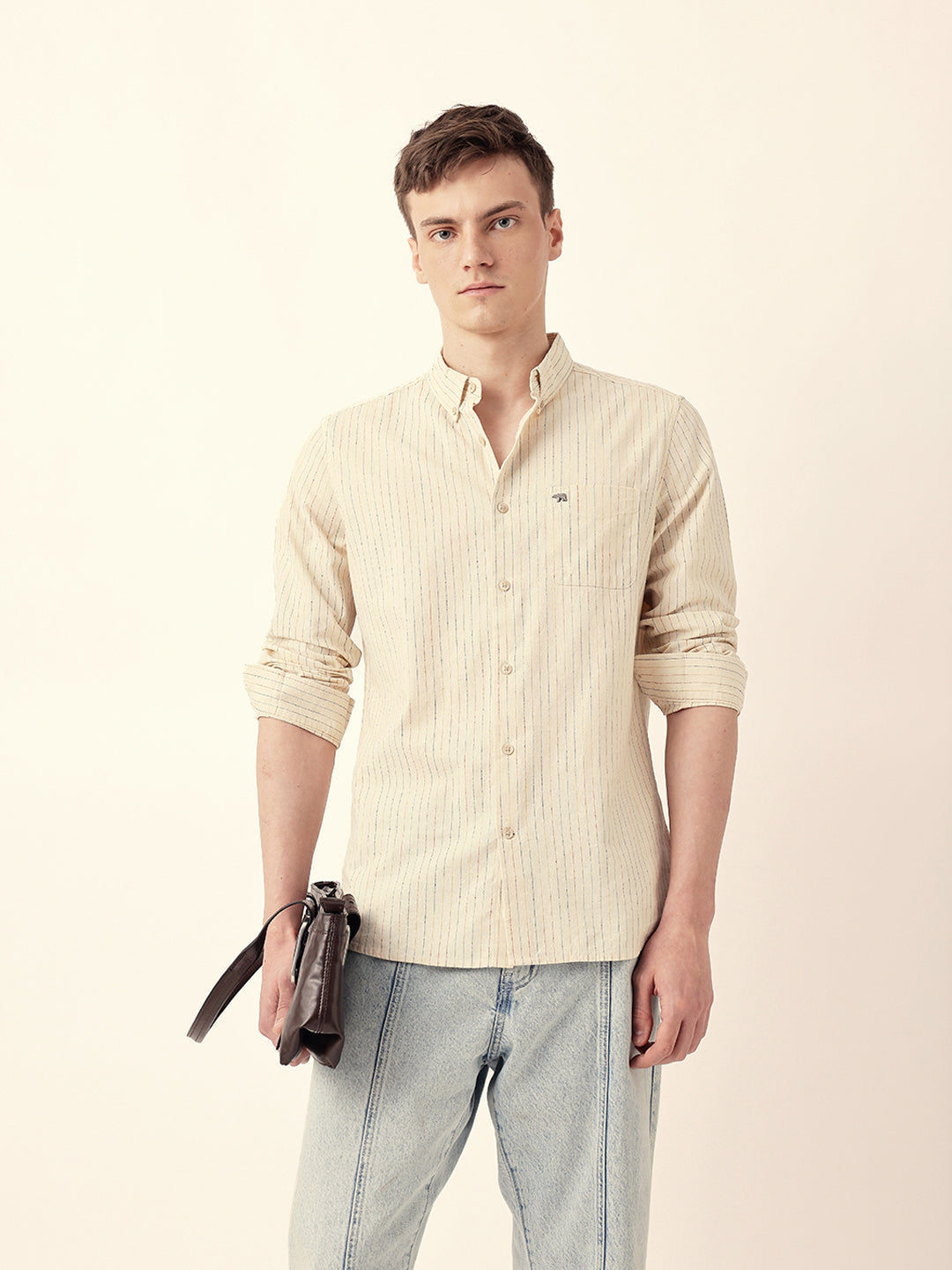 Cream Multi-Color Vertical Pinstripe Slim Fit Casual Shirt