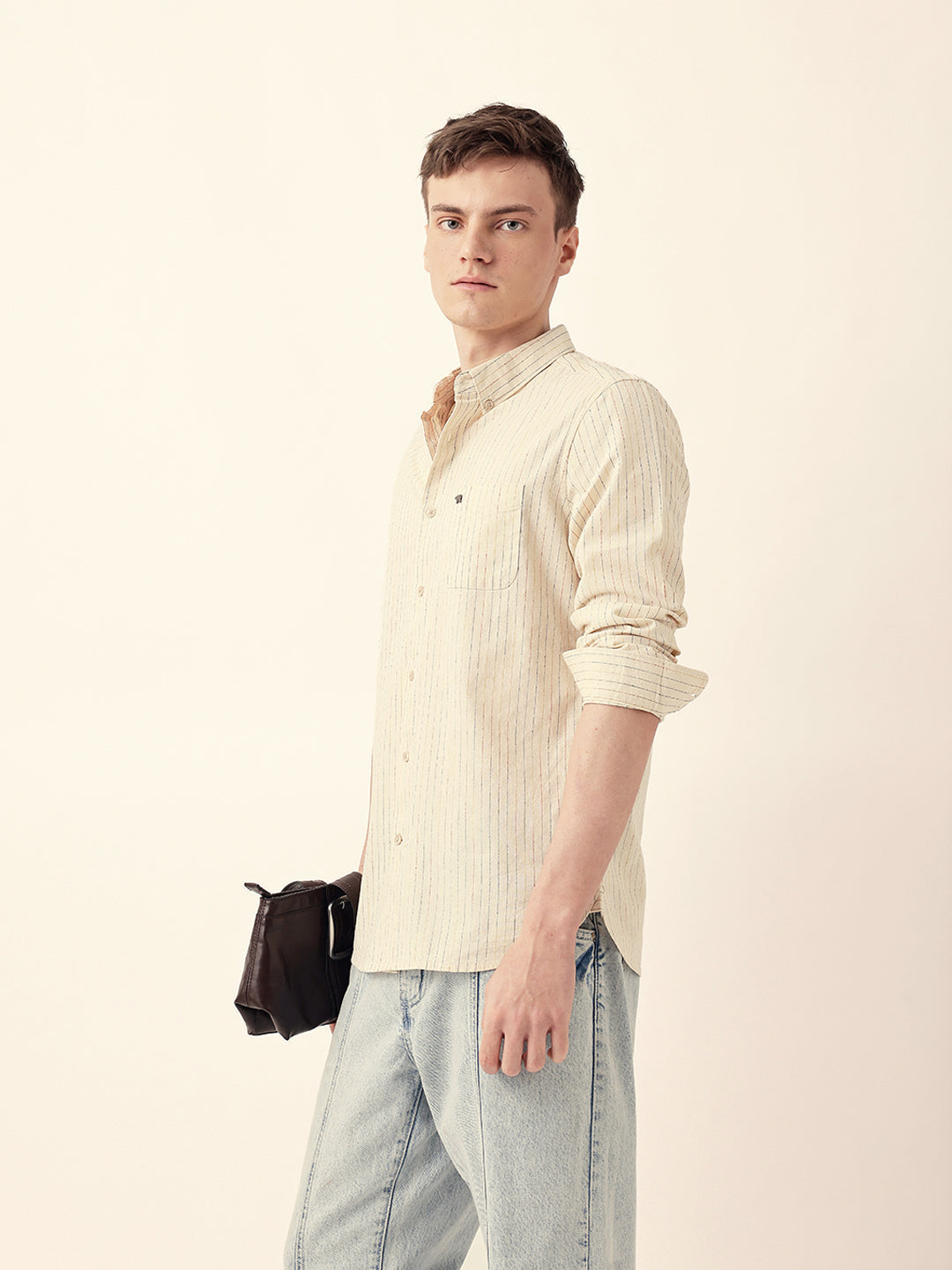 Cream Multi-Color Vertical Pinstripe Slim Fit Casual Shirt