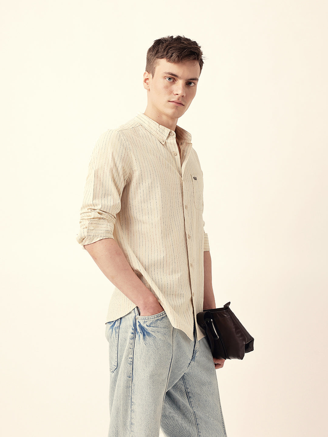 Cream Multi-Color Vertical Pinstripe Slim Fit Casual Shirt