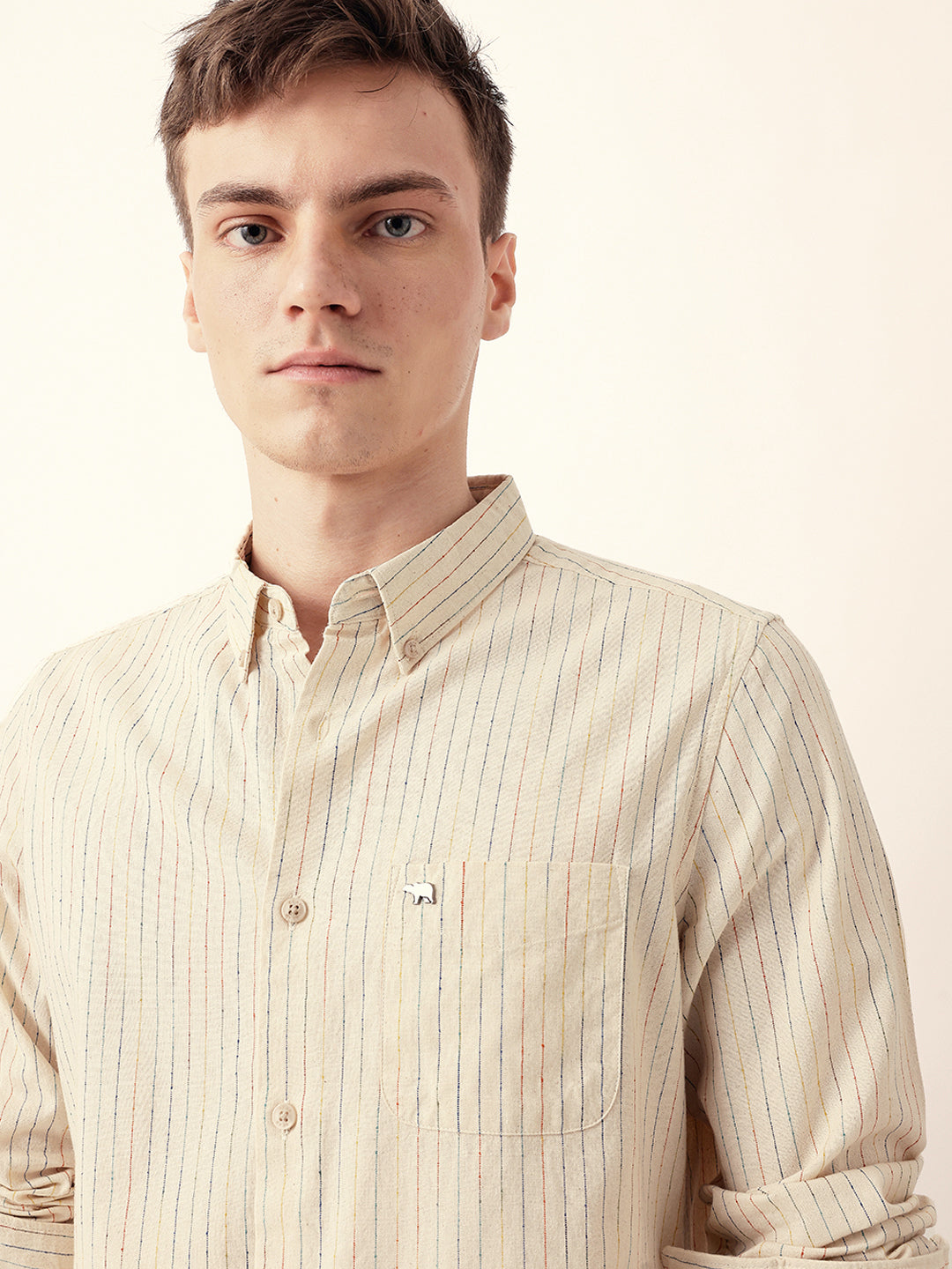 Cream Multi-Color Vertical Pinstripe Slim Fit Casual Shirt