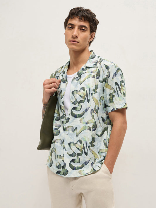 Multicolor Abstract Scribble Print Relaxed Fit Cuban Collar Casual Shirt